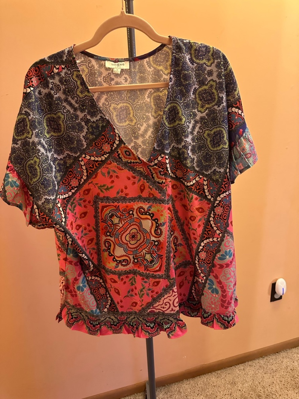 Umgee Coral Mixed Print V-Neck Flutter Sleeve Top